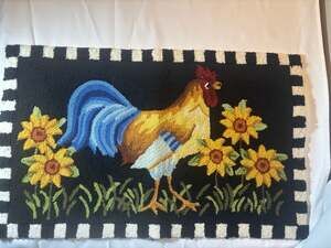 Vintage Rooster and Sunflower Hooked Rug 24x33